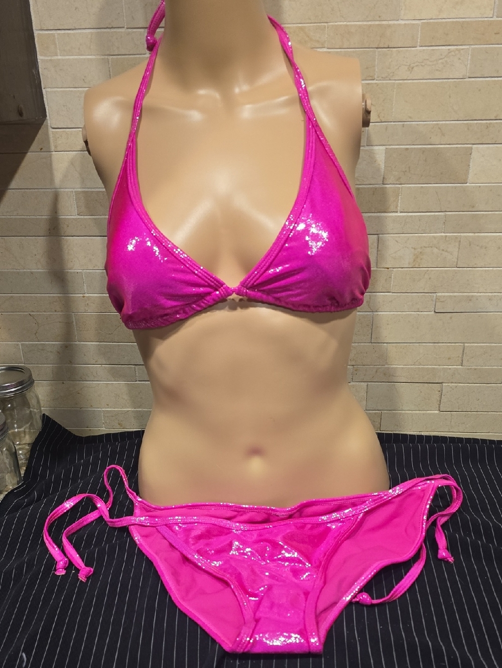 ✨️ Liquid Metal Shimmer Bikini Top & Tie-Side Bottom - Fuchsia Pink - NEW